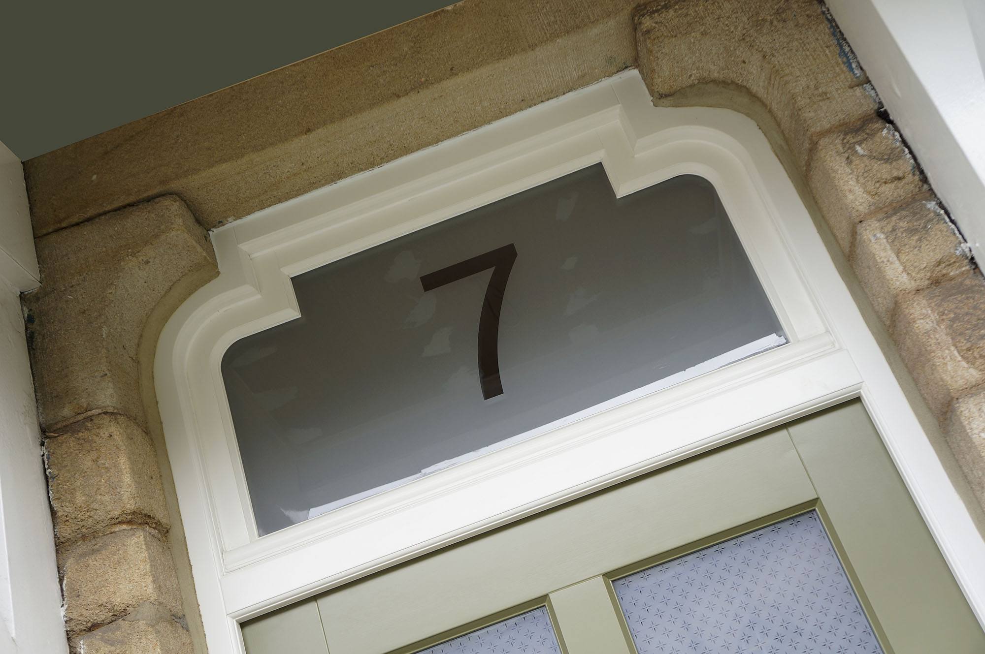 Timber Entrance Doors Front Door Double Glazed Custom Toplight Design With Sandblasted Glass And Etched House Number Above A Verdi Coloured Entrance Door An Off White Frame Star To