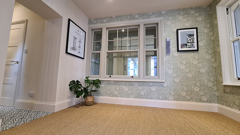 a venetian sash timber on display in a showroom