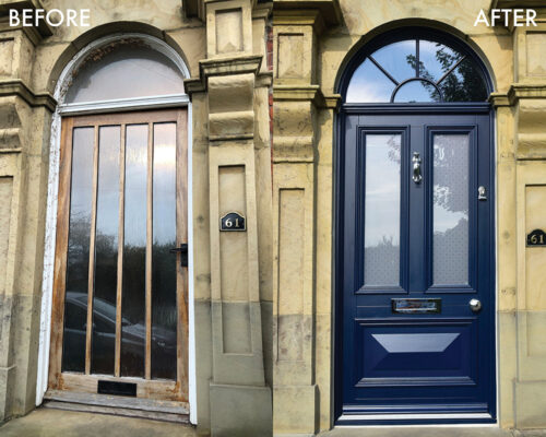 a before and after shot of a front door installation