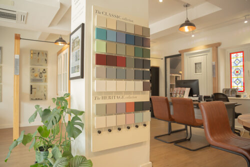a colour swatch sample board on display in a showroom