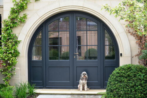 an arched set of french doors with a dog in front