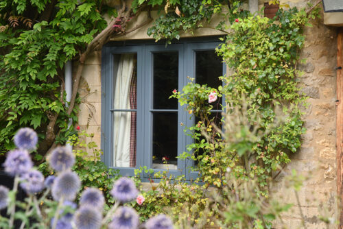blue casement windows on a stone property surrounded by flowers