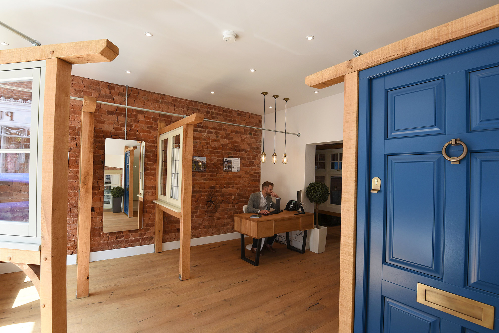 a blue door on display in a showroom