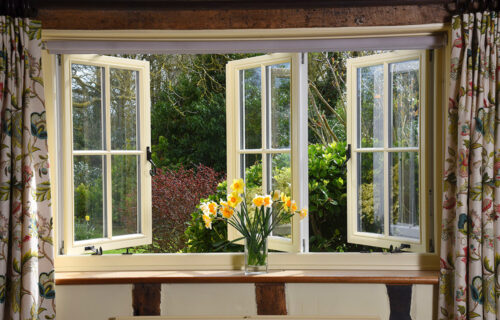 a beautiful open set of casement windows with daffodils sitting on the window cill